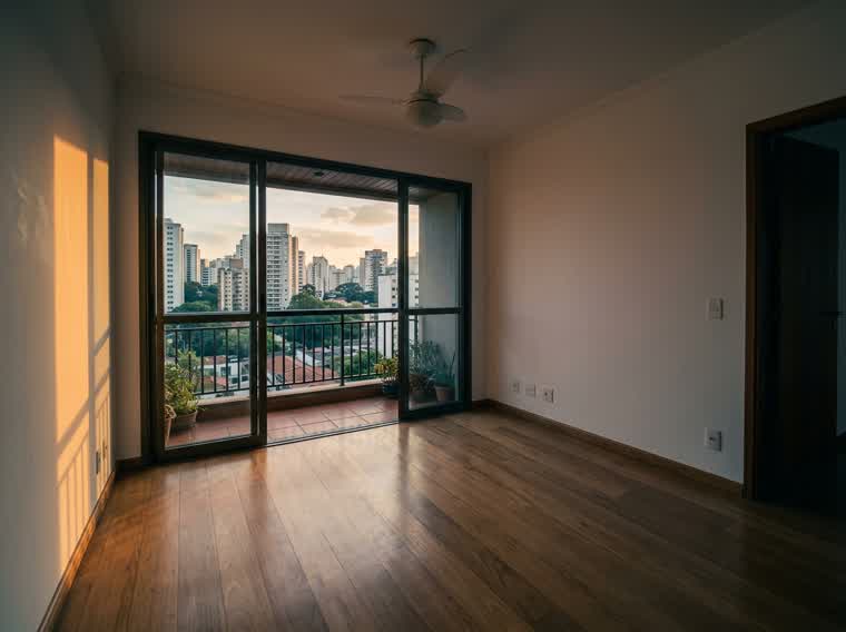 Sala de estar vazia com porta de vidro para a varanda